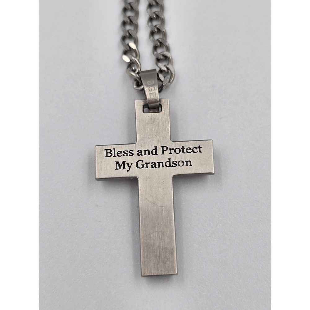 BGE Stainless Steel Topaz Cross Necklace Bless and Protect My Grandson bradford - Picture 2 of 7